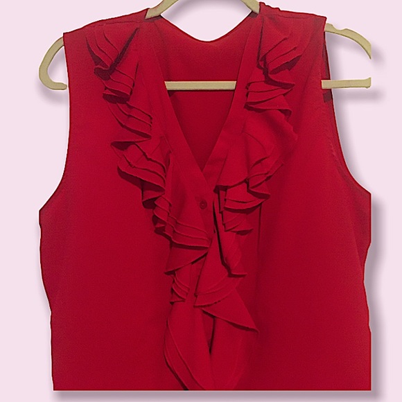 Red V-Neck Button Down Ruffle Collar Classy Top - Picture 3 of 4